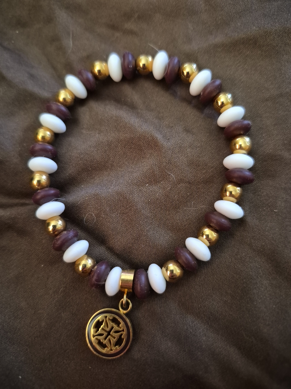 Rustic Cuff Gold Charm Stretch Bracelet with White and Maroon And Gold Beads
